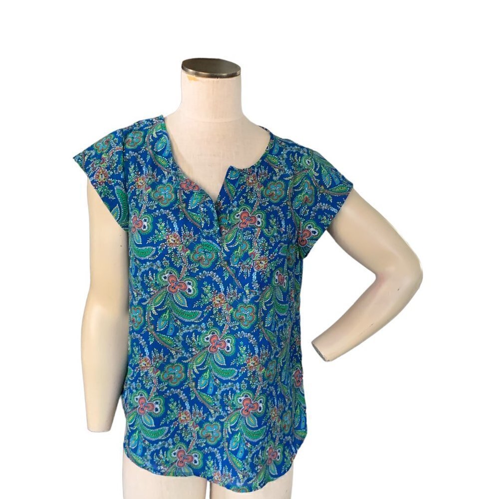 Anne‎ Carson Paisley Floral Short Sleeve Blouse/Top M Blue 108F